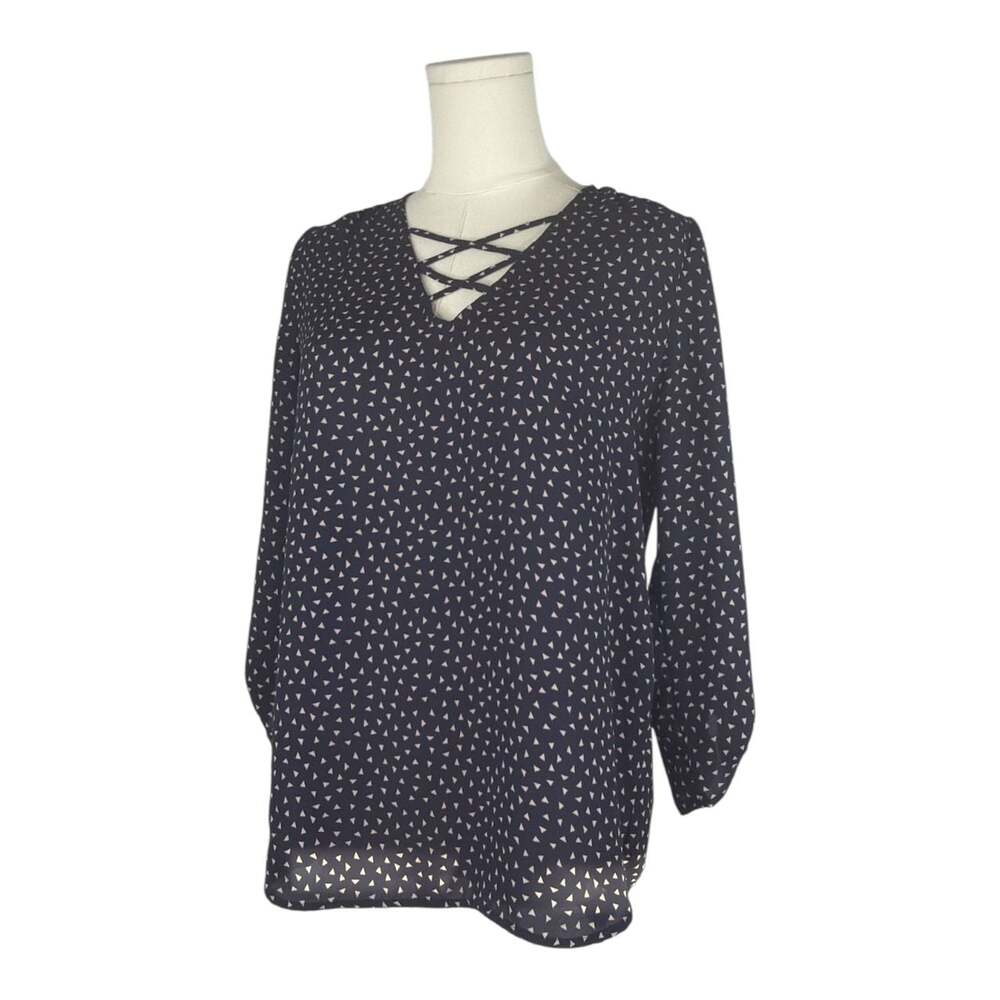 Sweet Rain Navy Polka Dot Strappy V-Neck Roll-Tab Sleeve Blouse Small